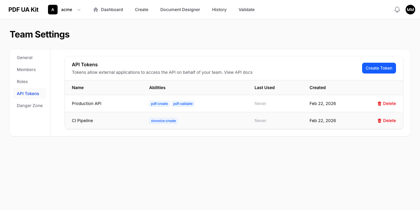 API-Token-Tabelle mit Tokennamen, Berechtigungen und letzter Nutzung