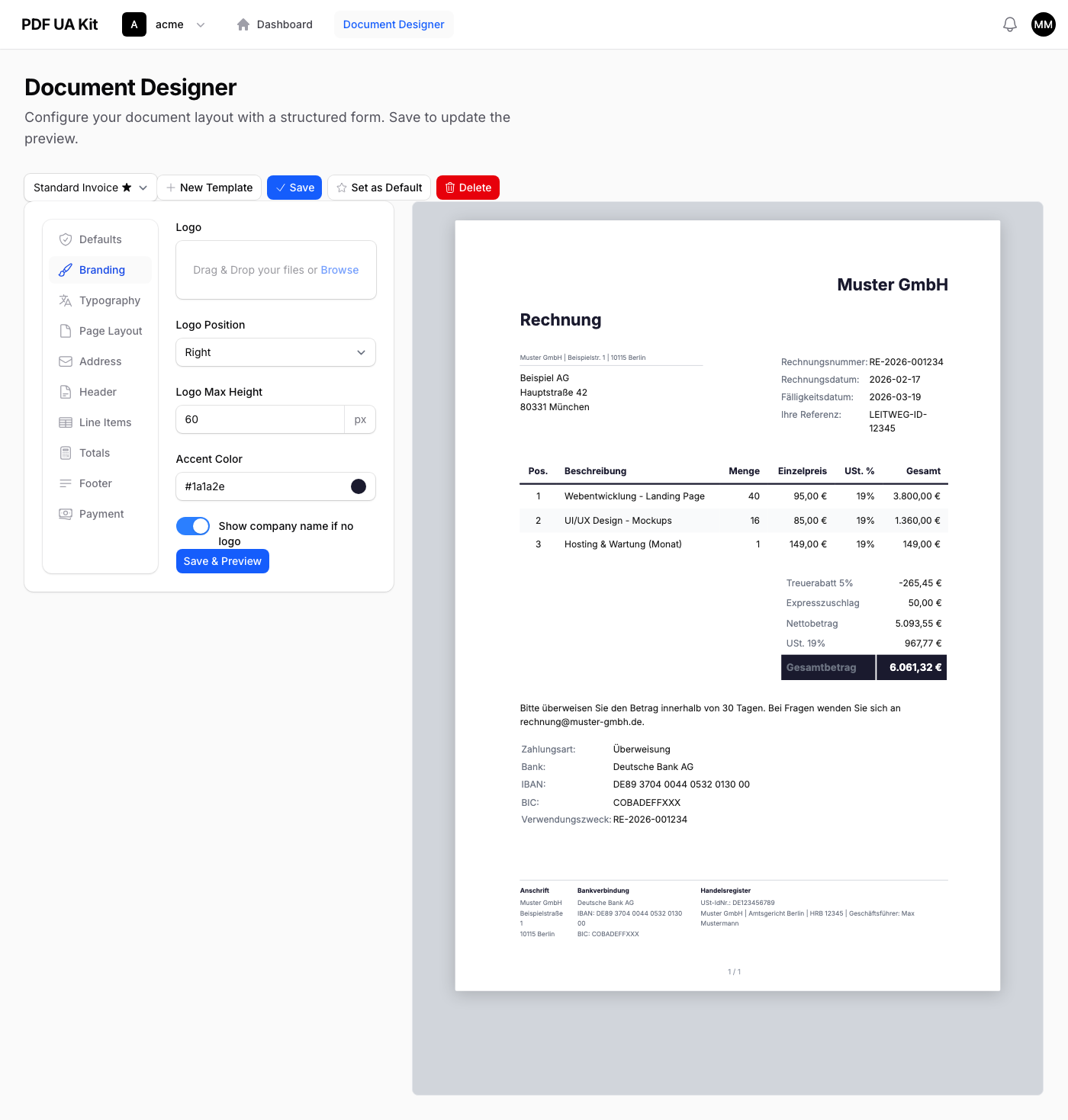 Branding-Tab mit Logo-Upload, Position, Akzentfarbe und Firmenname-Fallback