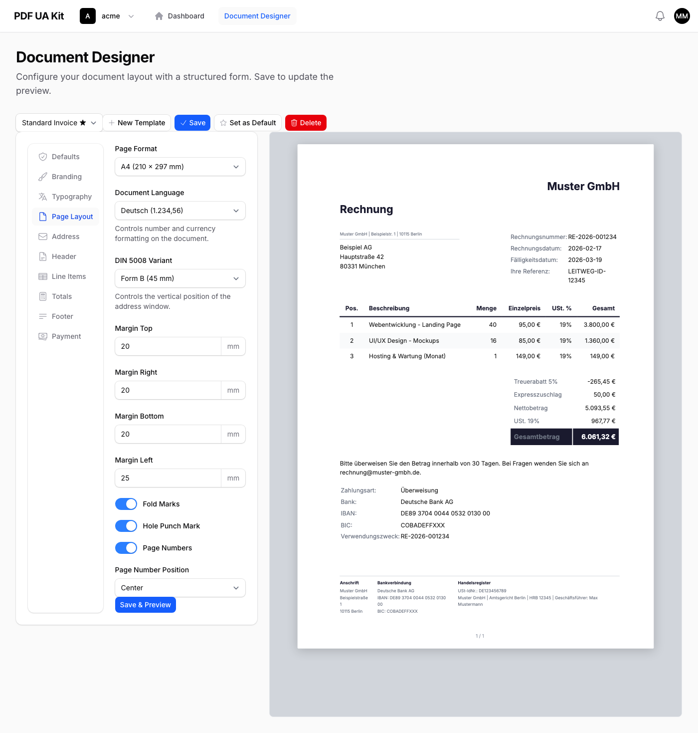 Seitenlayout-Tab mit Format, DIN-Variante, Rändern, Falzmarken und Seitenzahlen