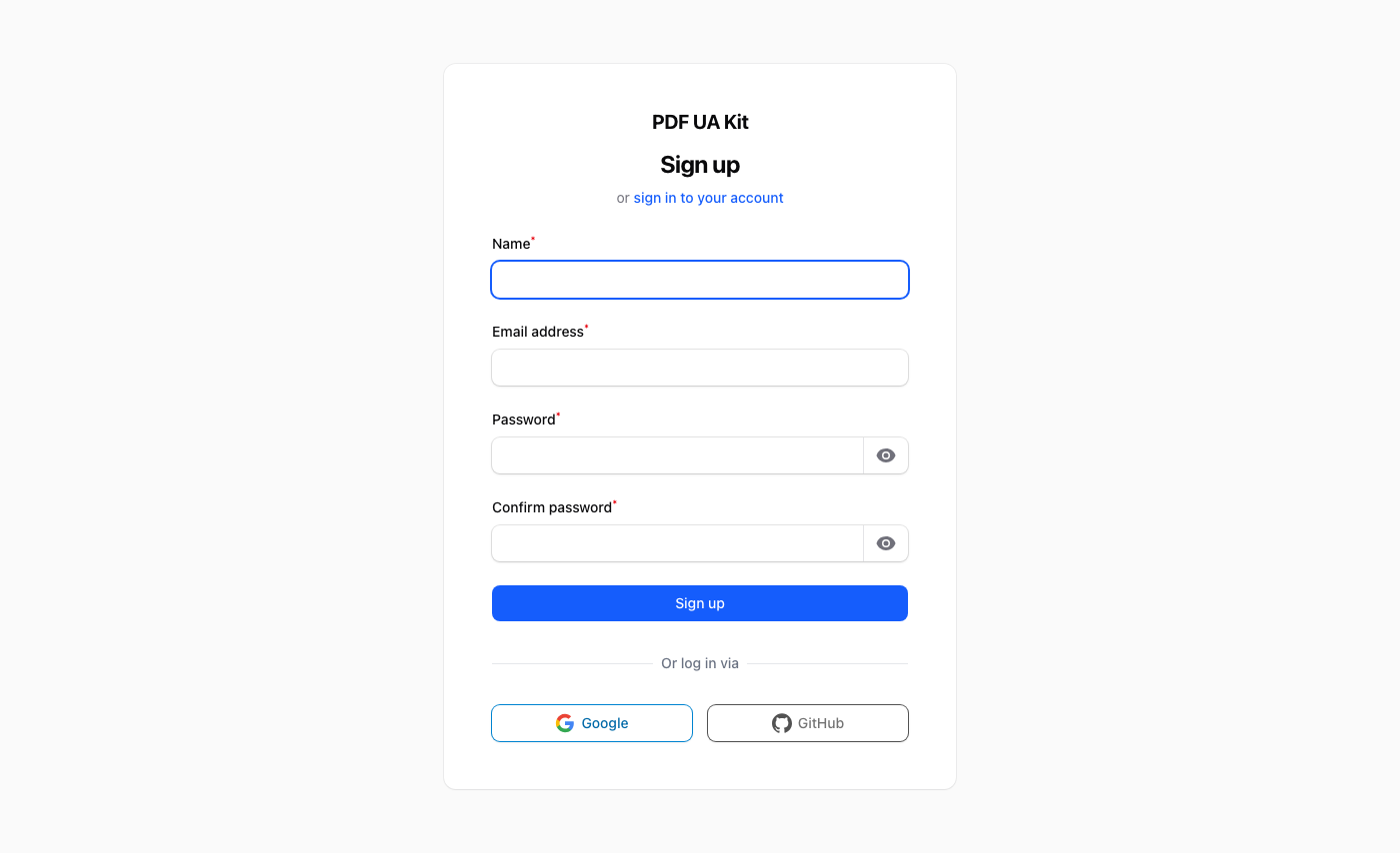 PDF UA Kit registration form showing name, email, and password fields